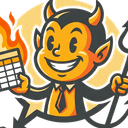 Excel hell — a grinning cartoon devil holding a flaming spreadsheet and a pitchfork.