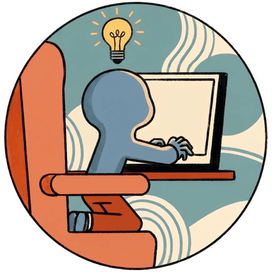 Vibe-coder typing at a laptop with a lightbulb floating overhead.
